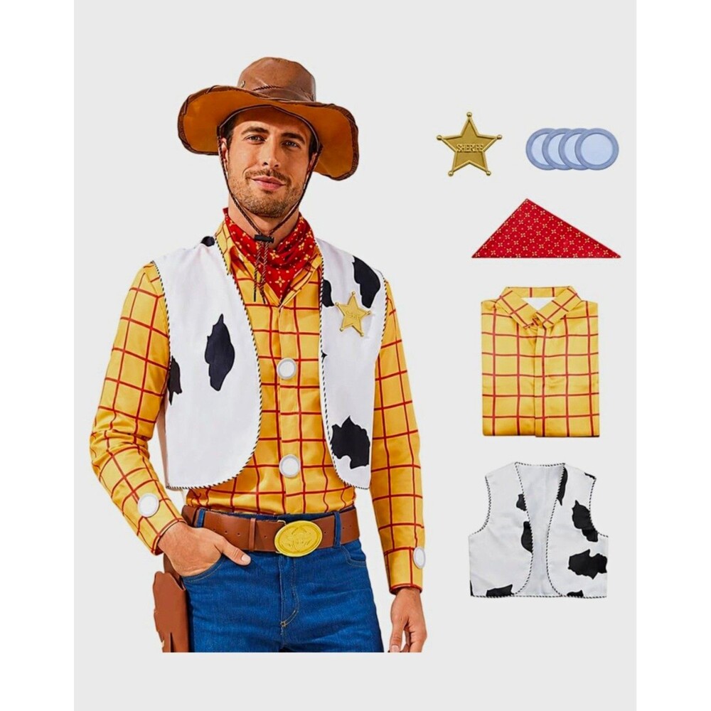 Men's Cowboy Costume Set Large: Shirt, Vest, Bandana, Sheriff Badge.